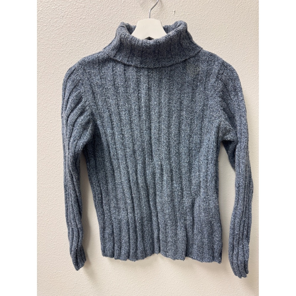 LL Bean Women's Wool Blend Turtleneck‎ Sweater Medium Ribbed Knit Blue Speckled
